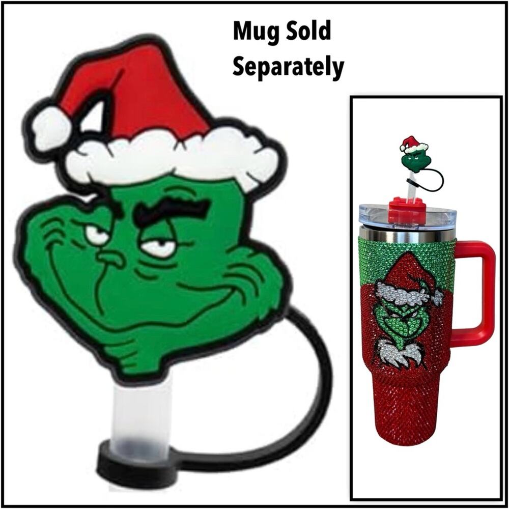 #64 Christmas Mean one Straw Topper: Silicone Straw Charm Dark Green Grinch  $6
